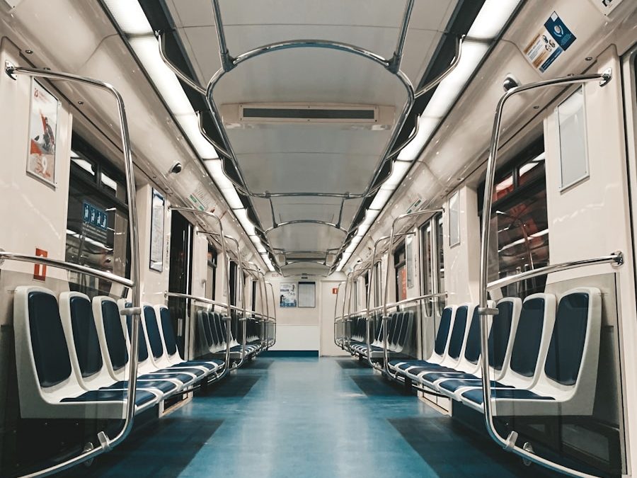 white and blue train interior